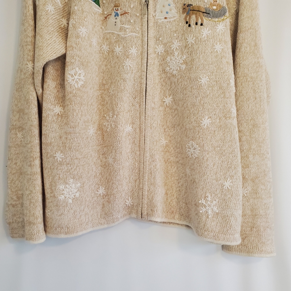 ERIKA Women's Size L Tan embroidered zipper front Winter Wonderland sweater - Picture 7 of 8